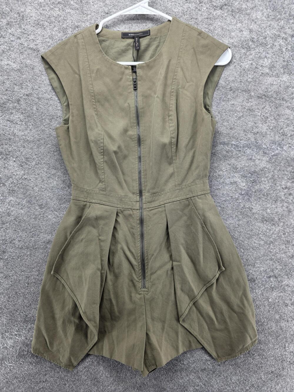 BCBGMAXAZRIA Romper Womens XS Zip Front Utility Short Sleeve Jumpsuit Pleated